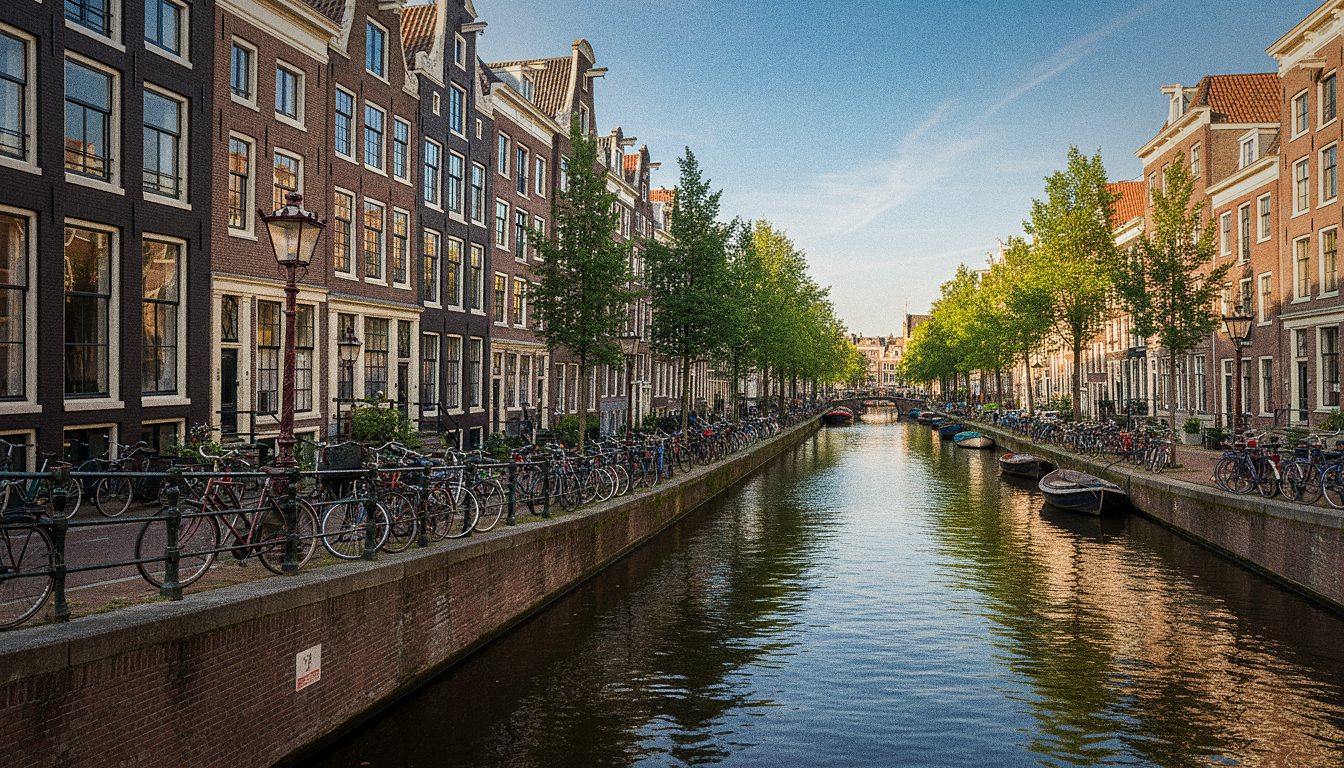 Bicicletas estacionadas ao longo de um canal em uma rua histórica de Amsterdã