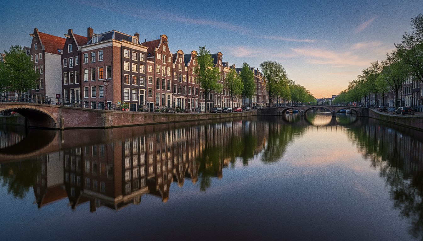 Canais e casas históricas de Amsterdã refletidos na água ao entardecer