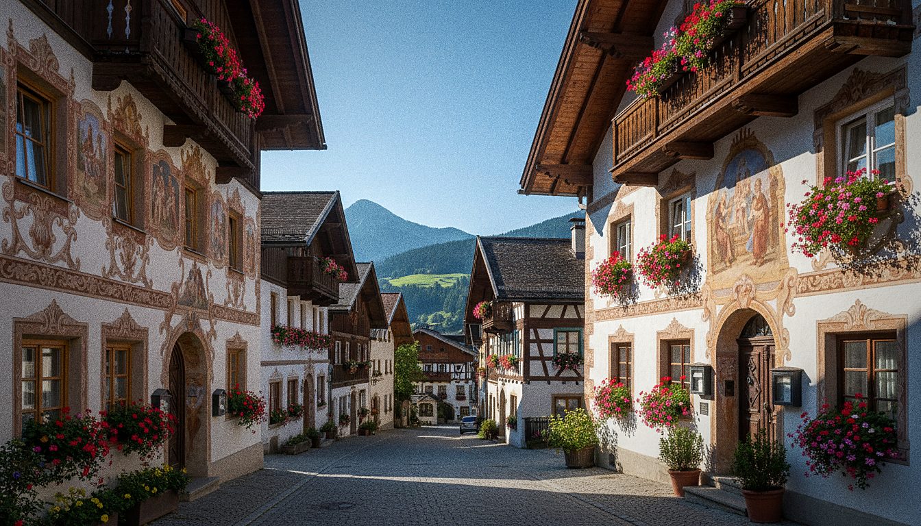 Vilarejo alpino tradicional com casas de fachada pintada nas montanhas da Baviera
