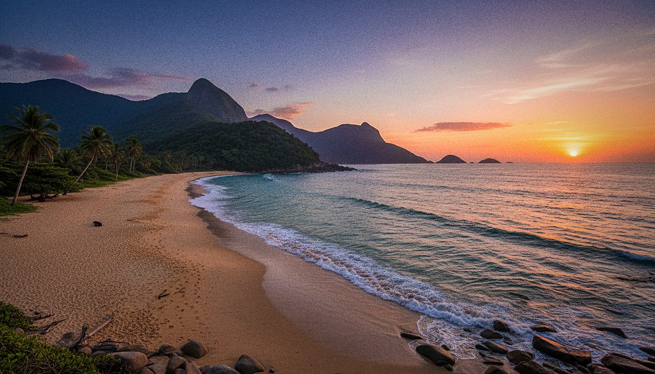 Paisagem litorânea brasileira ao entardecer com montanhas ao fundo
