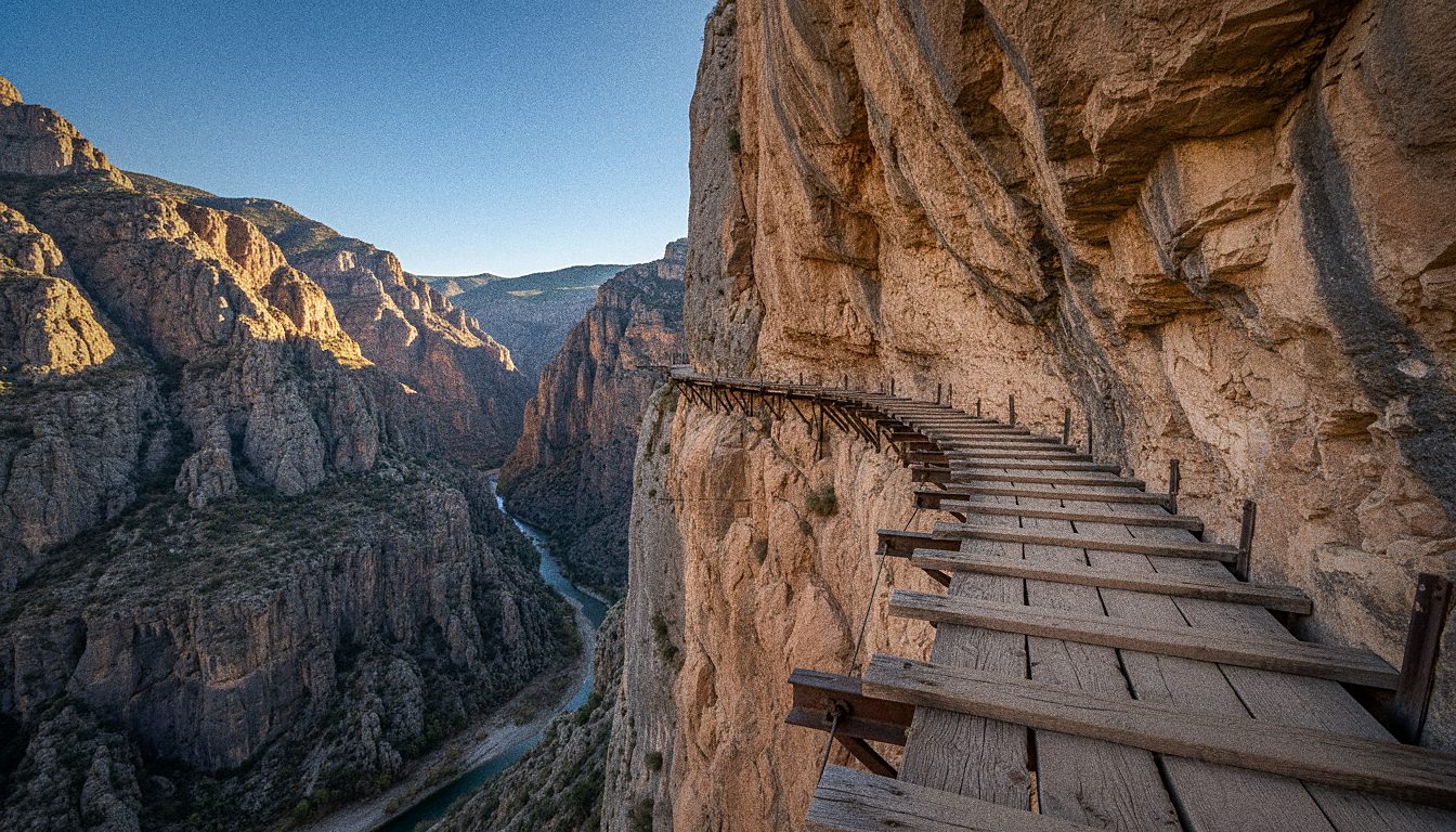 Passarela de madeira presa à parede de um desfiladeiro nas montanhas da Espanha