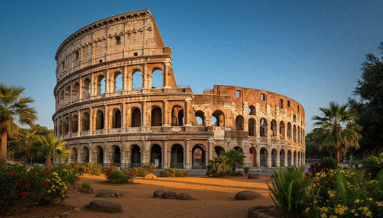 Fachada externa do Coliseu de Roma sob luz de fim de tarde