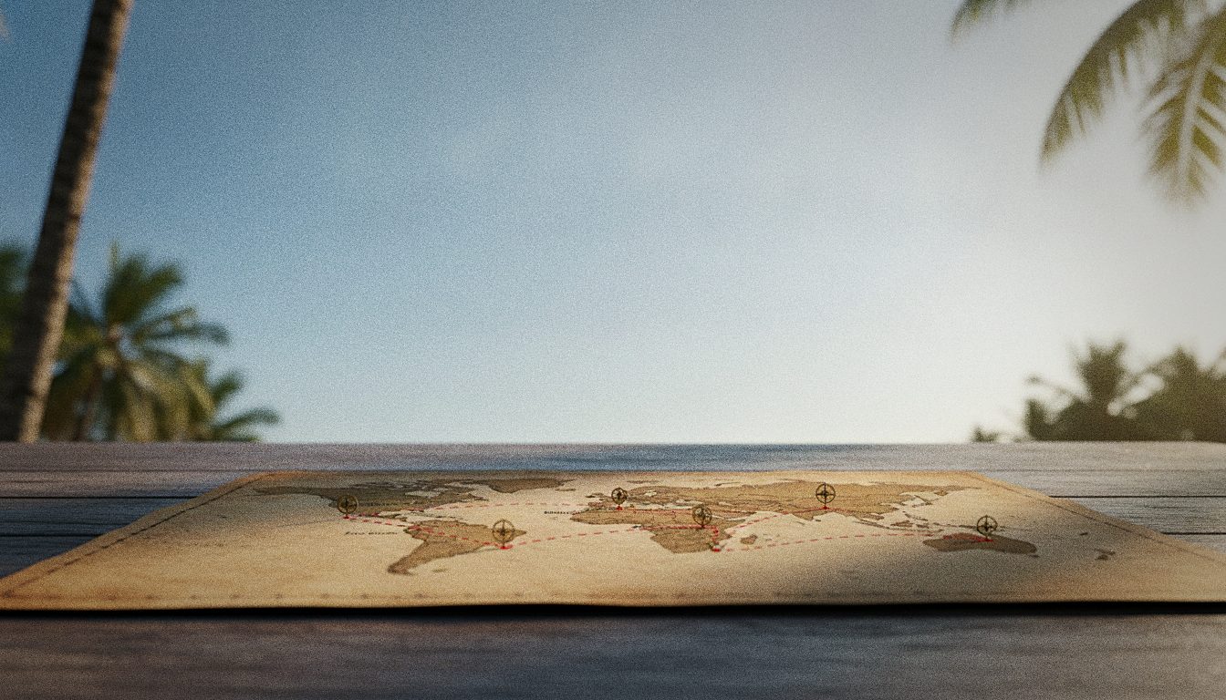 Mapa múndi com rota de viagem marcada entre diferentes países