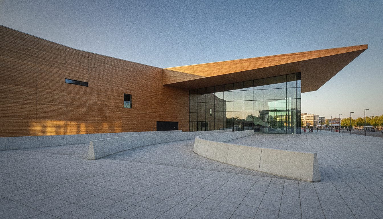 Fachada moderna de um museu de arte com fila de visitantes do lado de fora