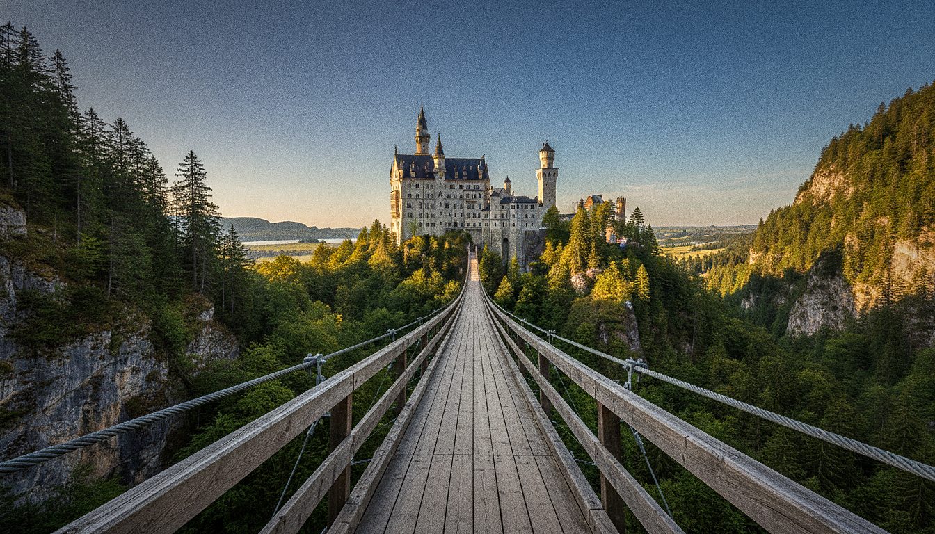 Vista de um castelo europeu a partir de uma ponte suspensa sobre um desfiladeiro florestado