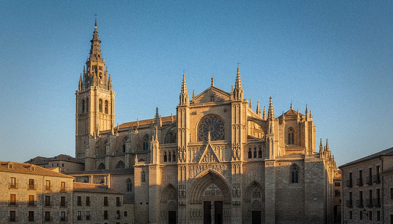 Fachada gótica de uma catedral histórica em uma cidade espanhola de pedra