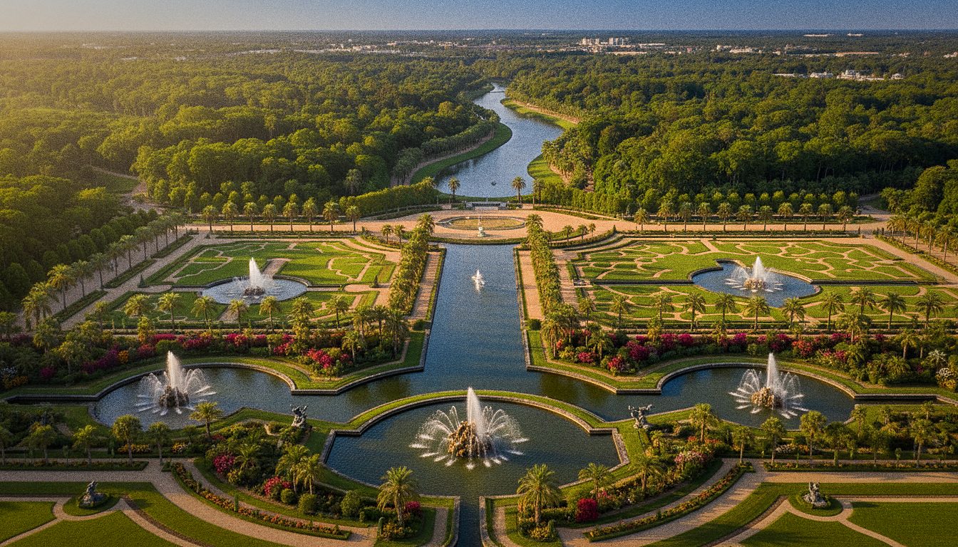Fontes e jardins formais do Palácio de Versalhes vistos de cima
